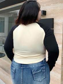 Dazy Plus Plus Size Color Block Alphabet Print Raglan Long Sleeve T-Shirt, SUPERIOR QUALITY SINCE 1989 New York BROOKLYN DURABILITY AND STRENGTH Slogan,Fall Clothes Graphic Tee - Apricot - View 2