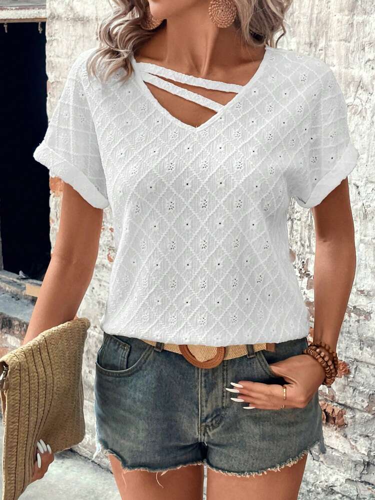 Ribbons Detail V-Neck Jacquard Texture T-Shirt With Double Strapped Collar