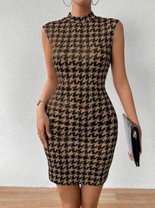 Chiquease Women's Summer Sleeveless Bodycon Mock Neck Dress In Houndstooth Pattern
