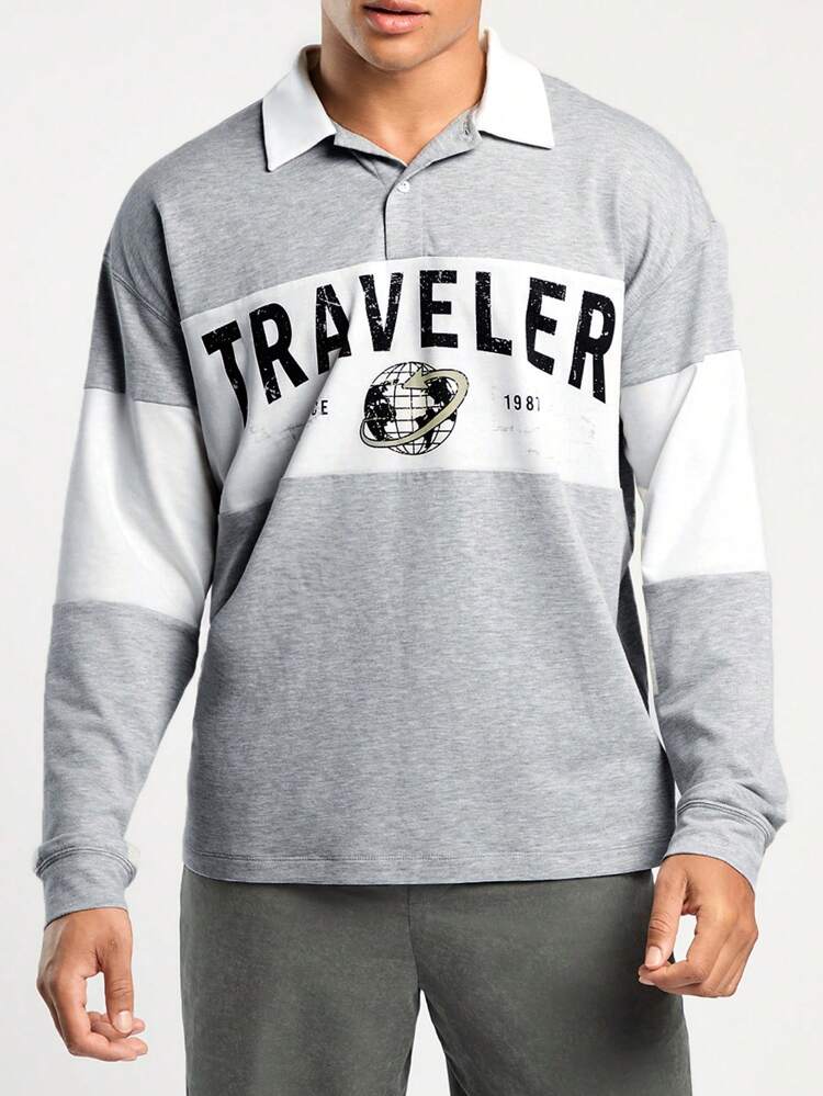 Men's Loose Casual Polo Shirt With Color-Block & Letter Print