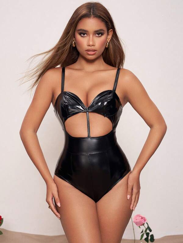 FASSION BY DANA Designer Women's Stylish Sexy Hollow Out Pu Leather Bodysuit With Stretch,For Summer, Holiday, Festival