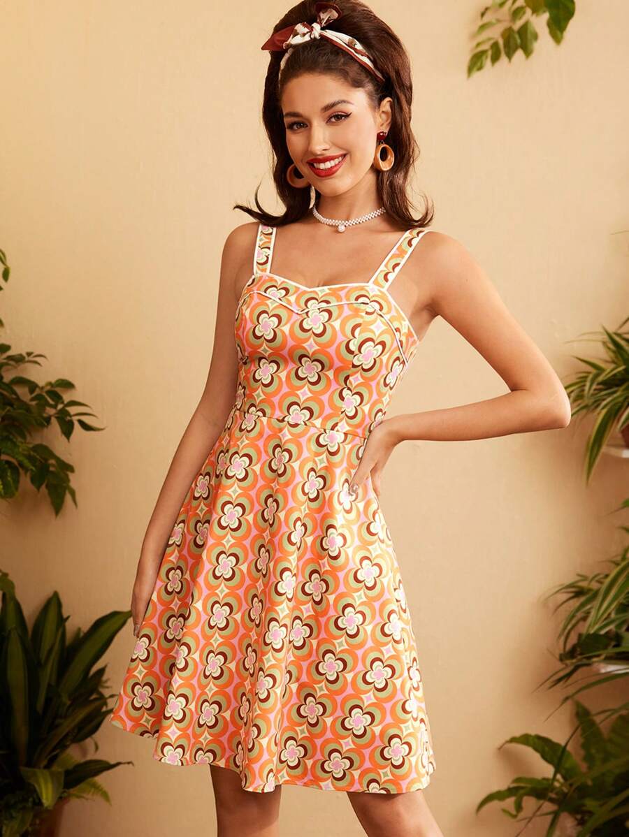Vintamour Lata 60. Vintage, wiejski styl, damski blok kolorów, spaghetti, pasek, geometryczny nadruk, sukienka typu swing z falbaną na dole, na wiosnę/lato, kwadratowy dekolt, renesans, urocze letnie sukienki, sukienka z nadrukiem, zabawne wzory, letnia sukienka, sukienka w kwiaty, sukienka dla nauczyciela, letnia sukienka. - Pomarańczowy - Zobacz 1