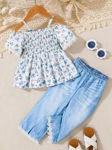 SHEIN Young Girl Holiday Summer Leisure Ditsy Floral Print Off-Shoulder Tank Top And Printed Pants Two-Piece Set - Baby Blue - View 1