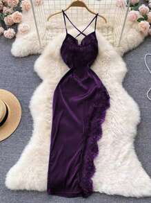 SHEIN Belle Kích thước lớn Ren Vá lại Váy Dây - Màu tím - Xem 2