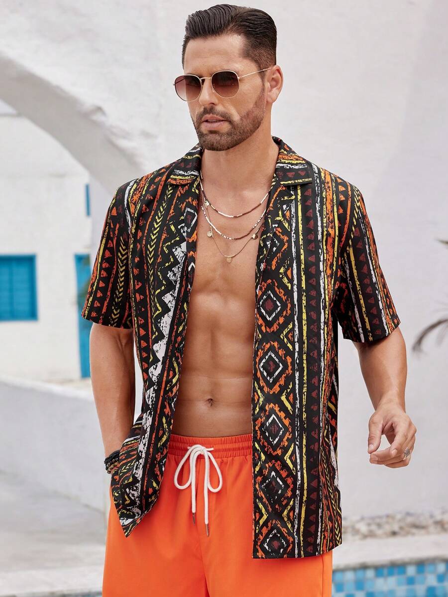 Manfinity VCAY Men's Geometric Pattern Woven Casual Shirt And Shorts 2 ...