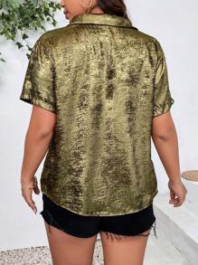 Flirla Plus Size Shiny Short Sleeve Shirt For Summer - Gold - View 2