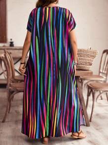 EMERY ROSE Plus Size Women Striped Color Block Side Reflected Color Striped Maxi Long Beach Dress For Vacation, Summer,Spring - Multicolor - View 2