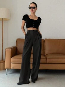 Dazy Designer Women Solid Color Slanted Pocket Pleated Design Straight-Leg Pants,Women Dress Pants - Black - View 2