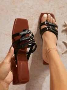 SHUZIA Women's Solid Color Square Toe High Heel Sandals - Black - View 4