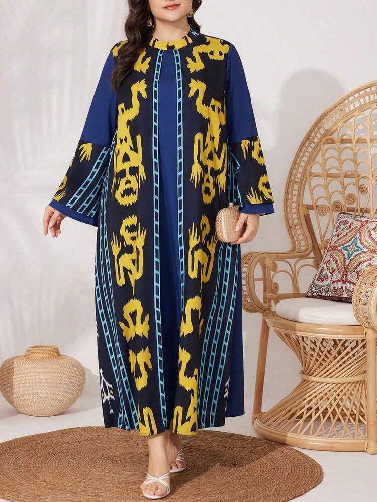 Plus Size Geometric Pattern Long Sleeve Dress