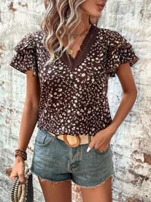 SHEIN LUNE 女士V领蕾丝拼接双层荷叶边袖休闲度假印花衬衫，适合夏季穿着 - 棕色 - 查看 1