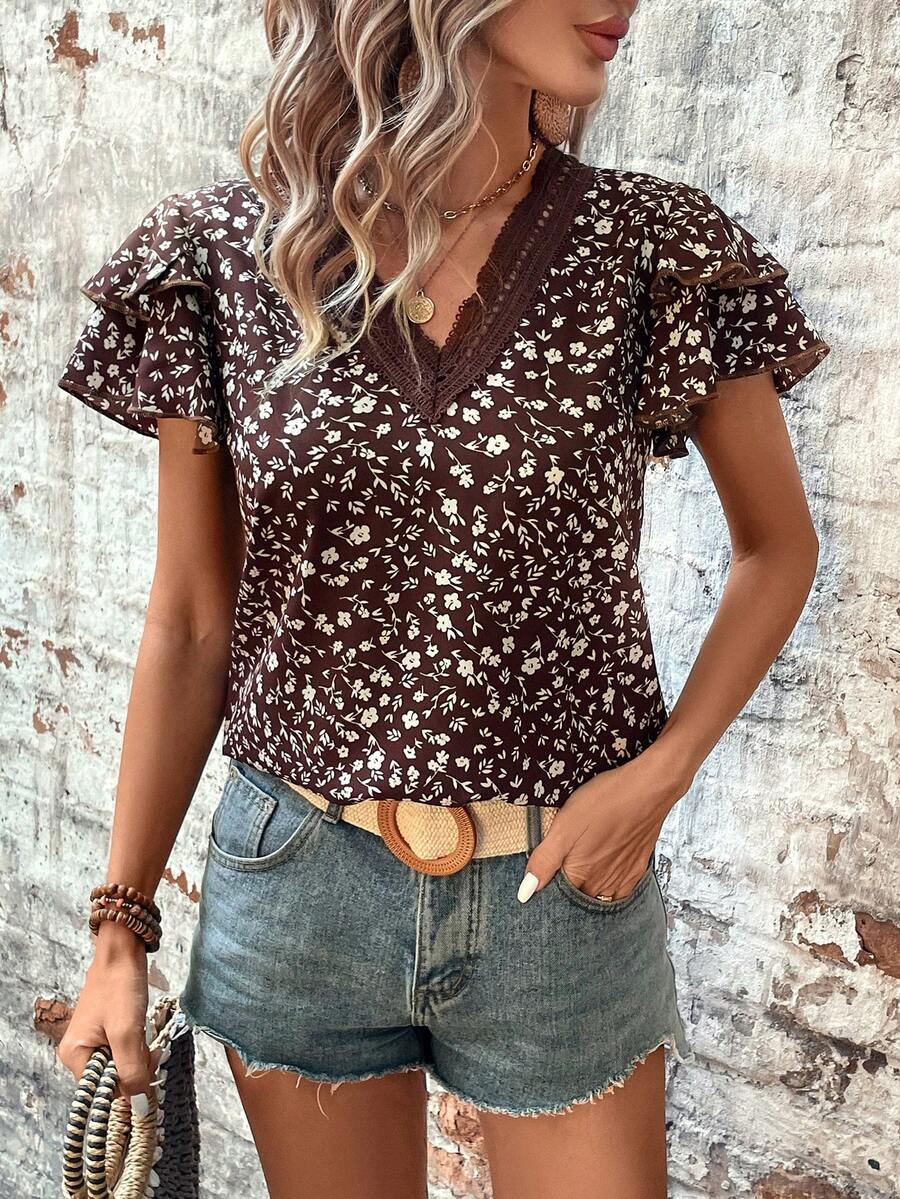 SHEIN LUNE 女士V领蕾丝拼接双层荷叶边袖休闲度假印花衬衫，适合夏季穿着 - 棕色 - 查看 1