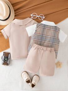 3入組嬰兒男孩紳士優雅襯衫、短褲和夏季短袖西裝外套 - 杏色 - 查看 2