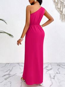 VaVaBold Solid Color Asymmetrical Collar One Shoulder Cutout Knot Split Thigh Drawstring Summer Women Beach Dress