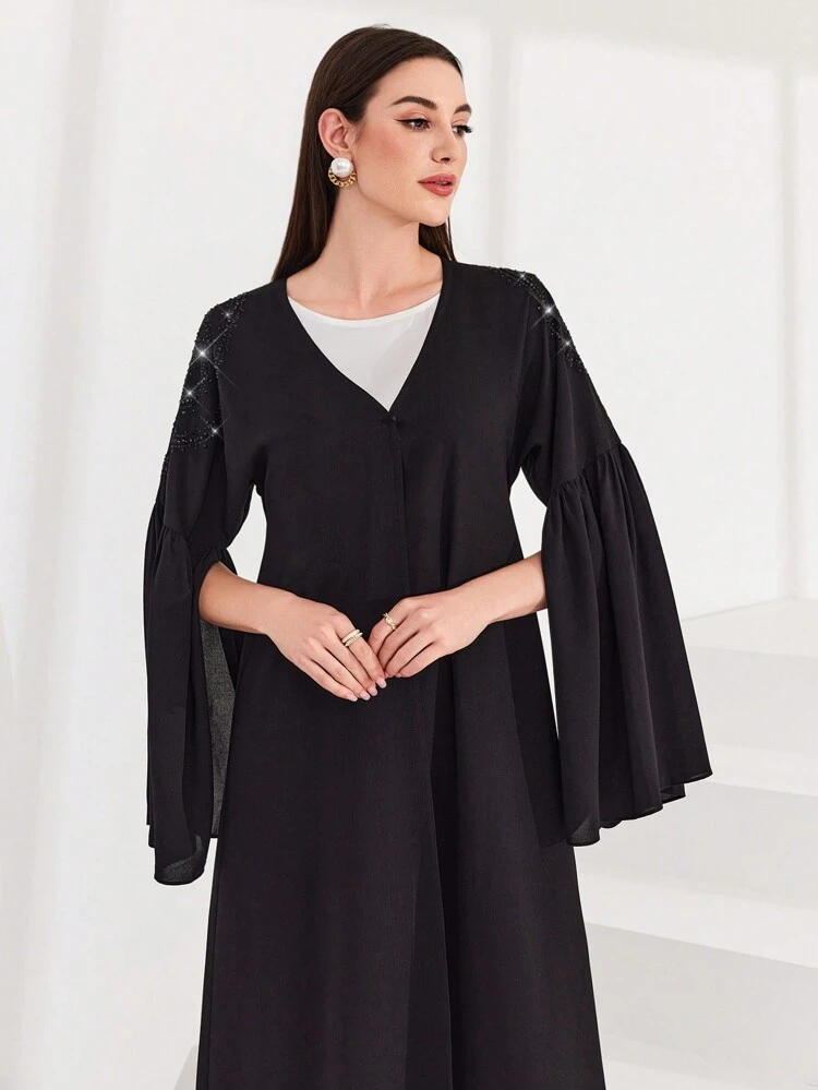 Arabian Abaya With Cape Sleeves & Rhinestone Decoration, Muslim Fashion Abaya For Casual/Festival/Gathering/Travel