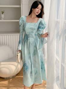 DAZY Ink Wash Ruched Waist Puff Sleeve Dress,Ruffle,Fall Dress Long Sleeve Dress