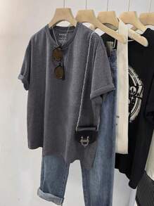 INAWLY Women's Summer Casual Basic Solid Color Short Sleeve T-Shirt - Dark Grey - View 1
