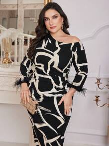 Modelyn Plus Size Asymmetrical Neck Split Fitted Floral Print Dress, Elegant For Autumn Long Evening Dresses - Multicolor - View 3