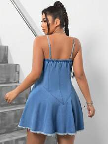 SHEIN ICON Plus Size Women's Denim Tie Shoulder Strap Dress With Frayed Hem - Blue - View 2