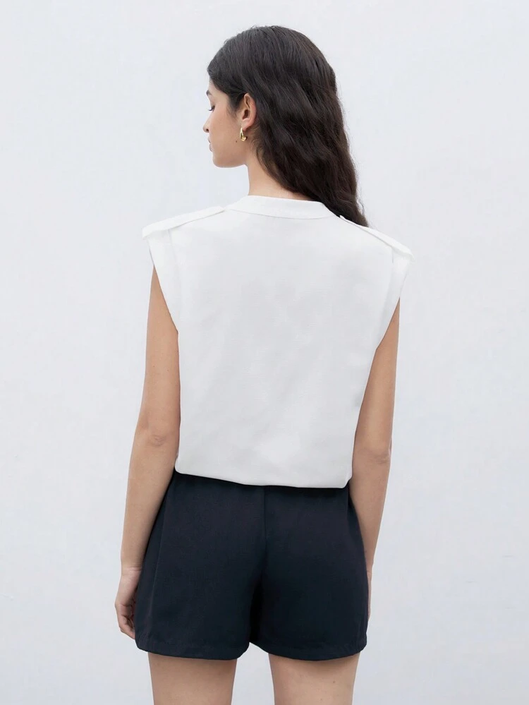 Women Pure White Plunge Neck Side Pocket Contrast Color Romper