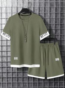 Manfinity Homme Men Plus Letter Graphic Drop Shoulder 2 In 1 Tee & Shorts - Army Green - View 3