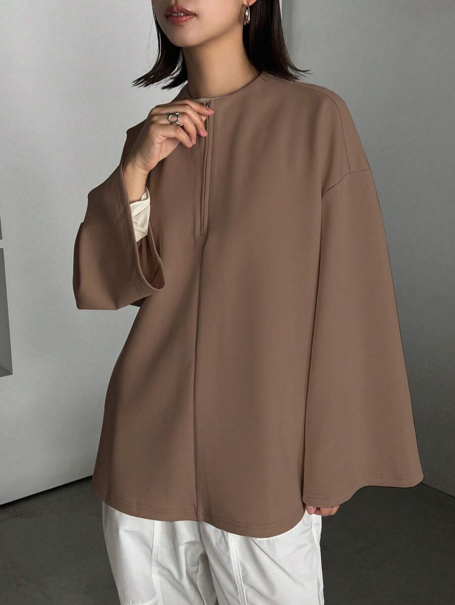 FRIFUL 女士纯色拉链落肩宽松休闲长袖 T 恤，春秋季