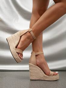 Women's Wedge Heeled Sandals With Thick Waterproof Platform, Straw Rope Design Cross Band And Buckle Closure, Suitable For Spring, Summer And Holiday Outfits In Bohemian And Sexy Style