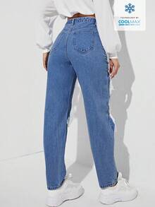SHEIN EZwear Coolmax Women's Fashionable Distressed Loose Fit Denim Pants - Blue - View 2