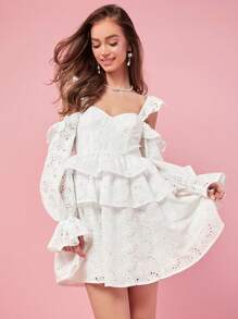 Enchnt Women's Summer Spring Holiday White Sundress Hollow Out Embroidery Off Shoulder Neckline Ruffle Trimmed Romantic Dress With Tassel Tie - White - View 4