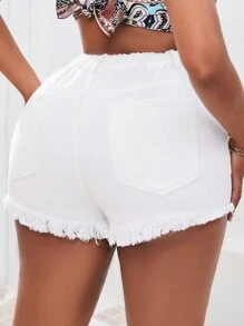 SHEIN SXY Kích thước lớn Của phụ nữ Mùa hè Đúng mốt Quần short Denim Với Tầng Trung Và Frayed Hem - trắng - Xem 2