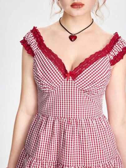 Kawaii Two Tone Lace Splicing Wrap Style Dress With Ruffle Hem