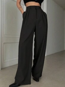 Dazy Designer Women Solid Color Slanted Pocket Pleated Design Straight-Leg Pants,Women Dress Pants - Black - View 3