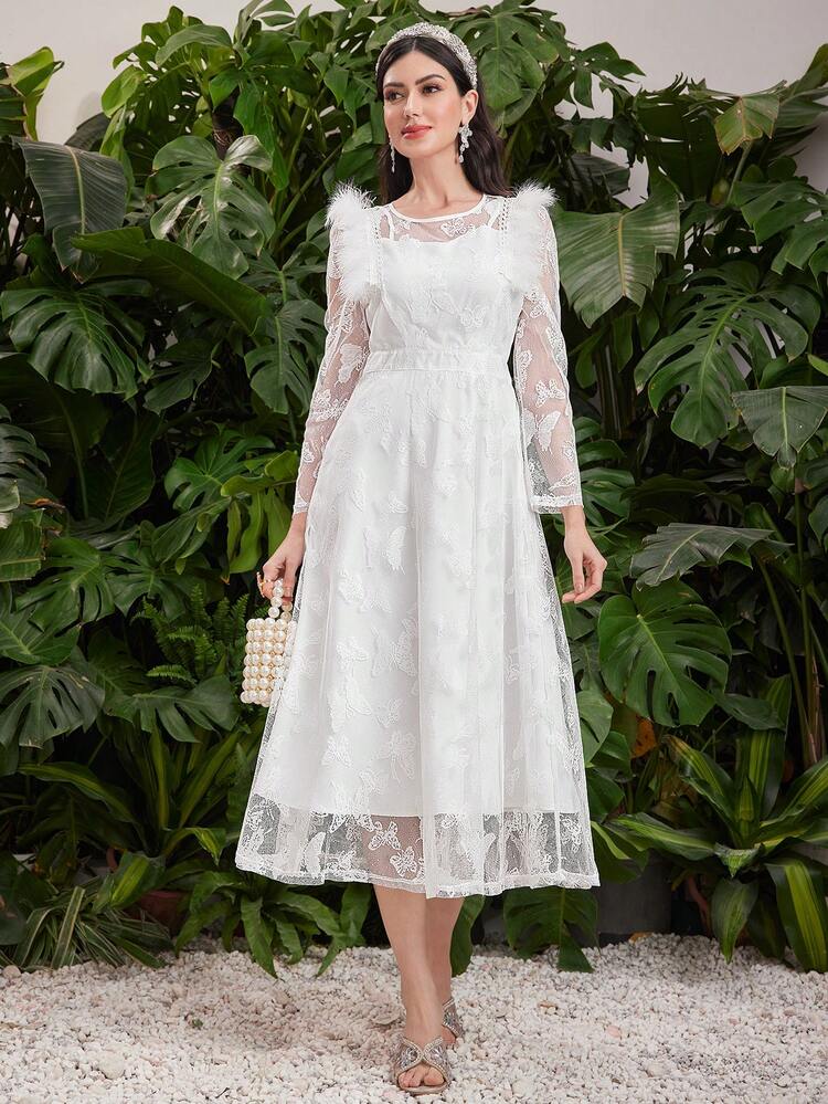 Women's Plush Butterfly Lace Patchwork Dress Long Evening Dresses