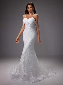 Váy cưới chữ A thêu hoa có đuôi dài dành cho nữ, trang phục dự tiệc toàn màu trắng - trắng - Xem 5