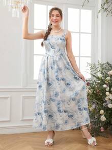 SHEIN Vestido con volantes y detalles de volantes con estampado de rosas jacquard azul para adolescentes en verano - Azul - Ver 6