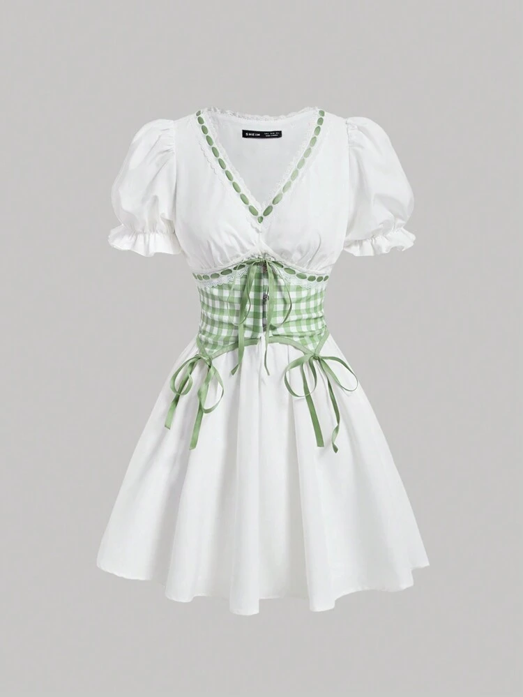Women's Belted Plaid Patchwork Short Puff Sleeve Dress