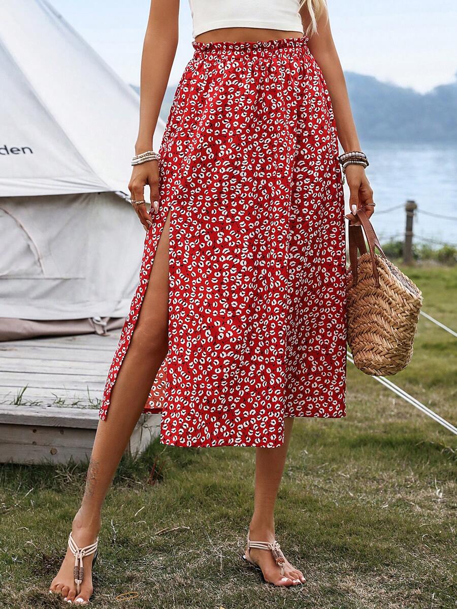 SHEIN Clasi 高腰紙袋印花裙,設有分裂的裙襬