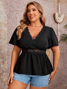 SHEIN Holidaya 大尺碼v領蕾絲拼接休閒優雅襯衫 - 黑色 - 查看 5