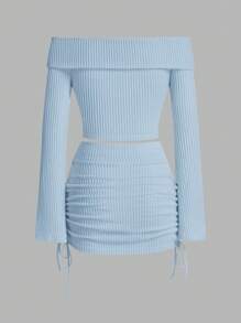 SHEIN EZwear 新年休閒針織條紋露肩上衣和束腰裙套裝