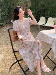 Dazy Designer Vestido Largo De Manga Corta Abullonada Y Estilo Vacacional Para Mujer Con Estampado De Flores Y Escote En V - Púrpura malva - Ver 6