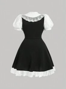 SHEIN MOD Plus Size Color Block Lace Patchwork Dress With Bow Decoration,Graduation Dress,Birthday Dresses For Women