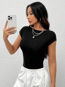 SHEIN PETITE Women's Black Tight-Fitting Backless Bodysuit For Summer - Black - View 5