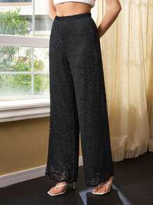 Sarah Dakkak Designer Women Solid Color Lace Straight-Leg Pants For Vacation, For Summer, Holiday, Valentine's Day, Festival - Black - View 4