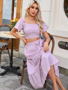 GENKIRA Summer Casual Striped Square Neck Top And Ruffle Hem Skirt For Vacation - Pink - View 3