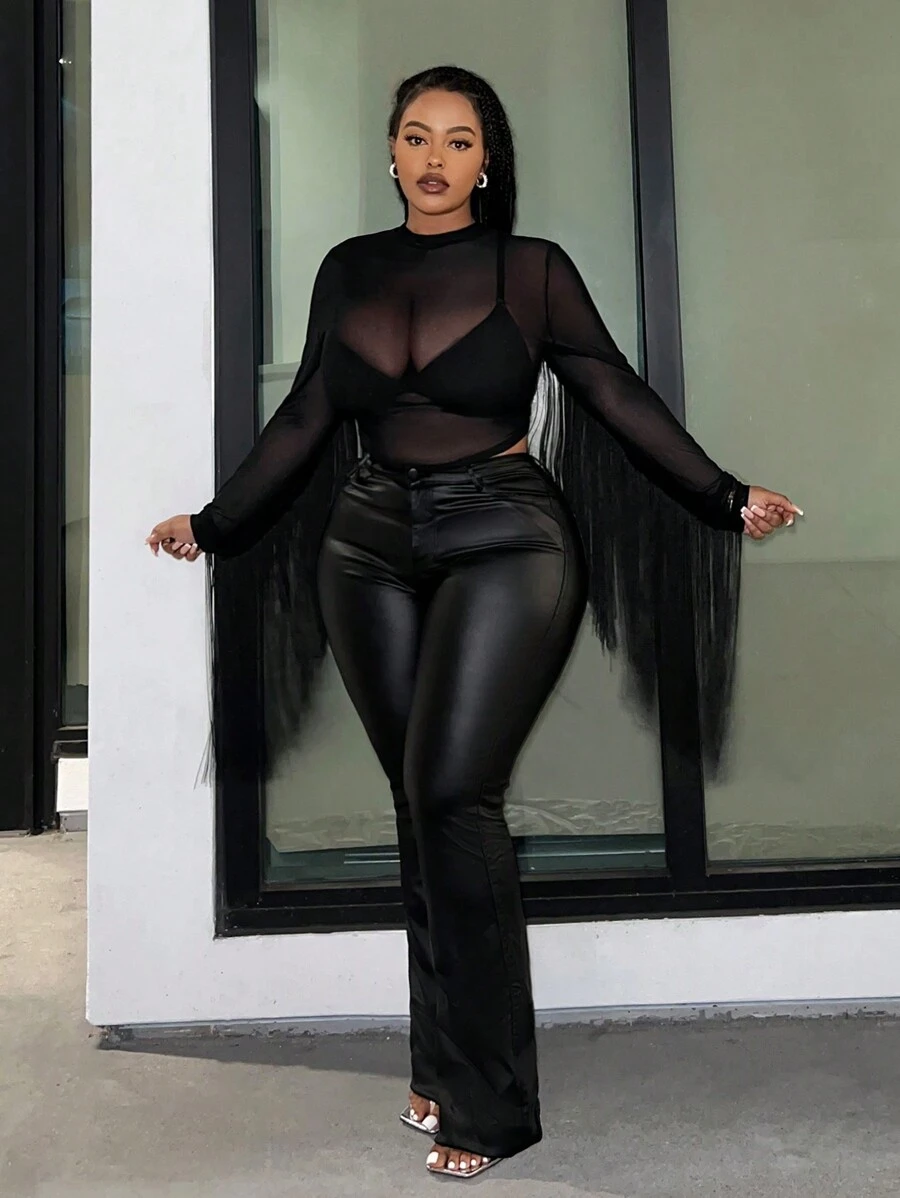 Slaydiva Liên hoan âm nhạc Gầy Đan Lưới Nhìn xuyên qua Tua chi tiết Vá lại Áo In Đen - màu đen - Xem 1