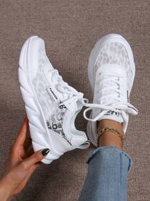 運動跑步鞋適用於女士豹紋圖案繫帶運動鞋 - 白色 - 查看 3