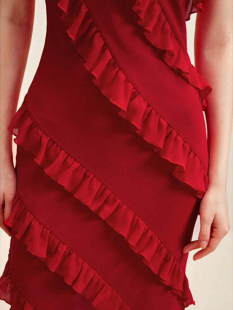 Solid Ruffle Trim Split Thigh Slip Dress Wedding Guest Dress