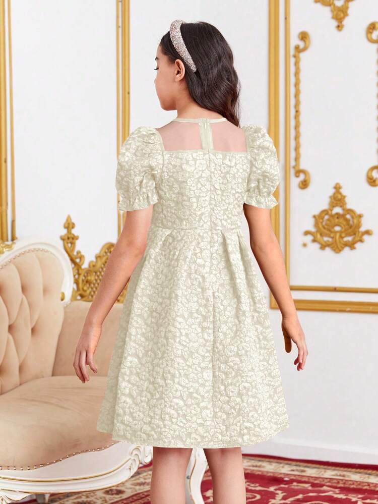 Tween Girls' Elegant Embossed Bubble Sleeves Dress With Purse, Perfect For Holidays