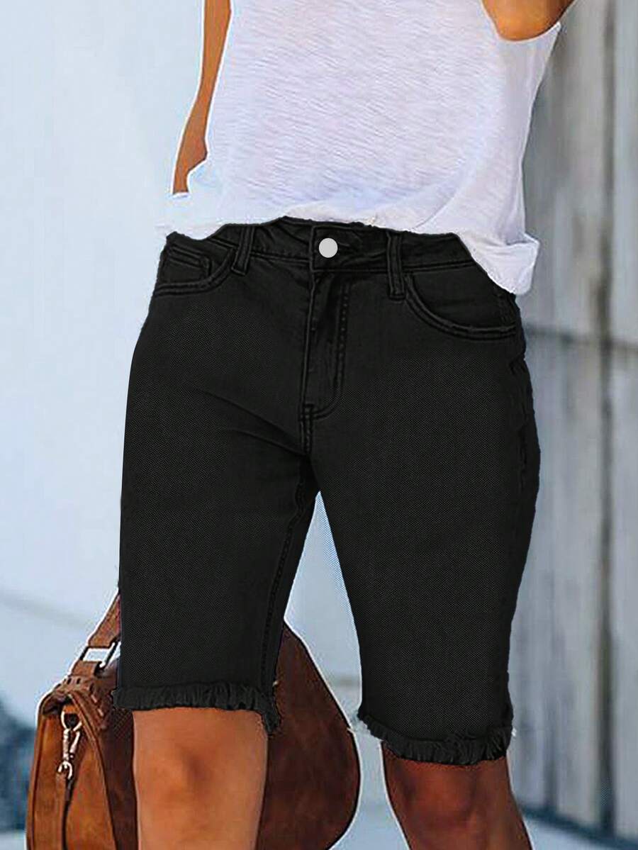 Straight Leg Cropped Frayed Hem Jeans - Black - View 1