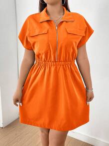 Flirla 大尺碼女裝時尚短袖連衣裙 - 橘色 - 查看 3